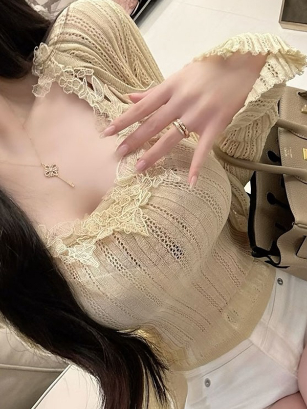 Elastic Lace Trim - Koreanischer Stil, leichter, reifer Look, Strick-Cardigan-Set